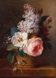 Stilleben med blommor i en korg (olja på duk)