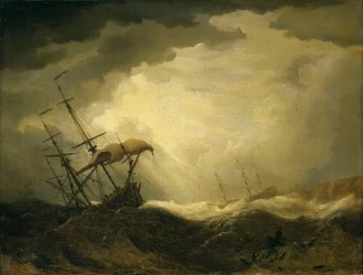 Fartyg på väg mot en klippig strand i grov sjö, sent 1600-tal (olja på duk)