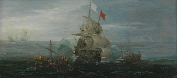 Ett franskt skepp och barbariepirater, ca 1615 (olja på ekpanel)