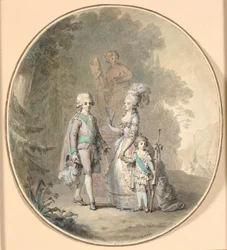 Gustav III, drottning Sophie Magdalena och kronprins Gustav Adolph strosar i Hagaparken.