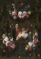 Madonna omgiven av en krans av blommor (olja på panel)