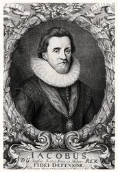 Porträtt av James I, kung av Storbritannien, graverat av R.White, 1669