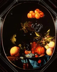 Stilleben med pumpor, frukt och ostron