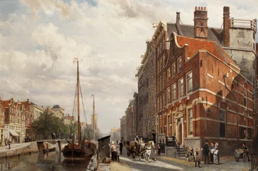 Utsikt över Makelaers Comptoir på Nieuwezijds Voorburgwal, Amsterdam, 1883