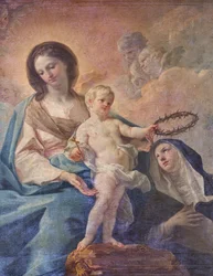 SS Salvatore-kyrkan, interiör, Rosenkransaltaret, Vår Fru av Rosenkransen, målning av Corrado Giaquinto (1703-1766), detalj, Poggiardo, Lecce, Puglia (foto)