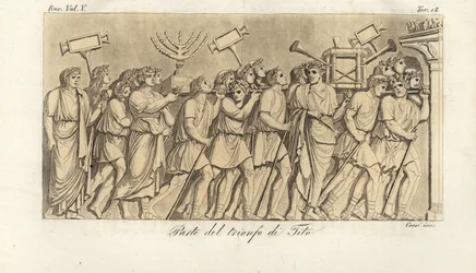 Romerska soldater marscherar i procession med krigsbyte eller spolia på Arch for Titus, triumfbågen som firar kejsar Titus seger över Jerusalem