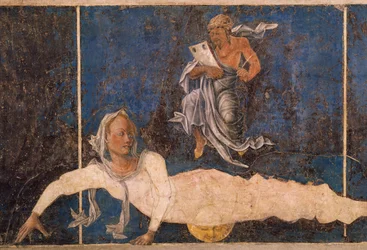 Jungfrun med dekanus, scen från augusti månad, ca 1470, tillskriven Cosimo Tura