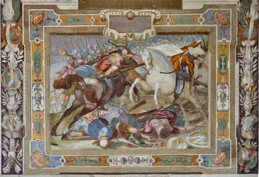Slagscen, ur Godfrey av Bouillons handlingar vid erövringen av Jerusalem, ca 1589-94 (fresk)