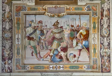 Slagscen, ur Godfrey av Bouillons handlingar vid erövringen av Jerusalem, ca 1589-94 (fresk)