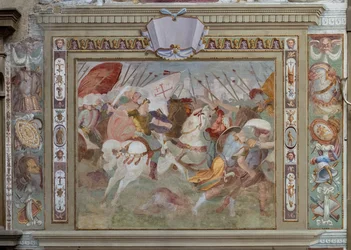 Slagscen, ur Godfrey av Bouillons handlingar vid erövringen av Jerusalem, ca 1589-94 (fresk)