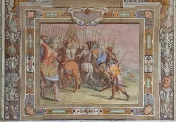 Stridsscen ur Godfrey av Bouillons handlingar vid erövringen av Jerusalem, ca 1589-94 (fresk)