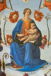 Madonna med barn i ära, Sankt Ambrosius, Sankt Franciskus av Assisi, Gud Fadern och änglarnas, Altartavla, detalj (fresk)