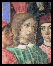 Biskopens procession framför kyrkan S. Ambrogio, detalj av Poliziano 1454-94 Pico della Mirandola 1463-94 och Marsilio Ficino 1433-99 1468 fresk