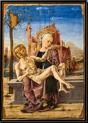 Klagosång, av Cosmé Tura, c.1460. I den övre vänstra delen av målningen visas en apa som håller fast vid grenarna på ett äppelträd. Det är en anspelning på det goda och ondas träd och på Djävulens frestelse i det jordiska paradiset.