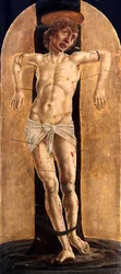 ""Saint Sebastian"" (Saint Sebastian) Målning av Cosimo (Cosimo) Tura (före 1431-1495), ca 1484 - Olja på trä, 75x33 - Staatliche Museen, Berlin