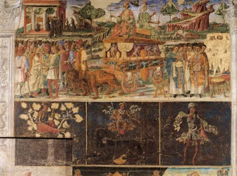 Triumf av Jupiter och Cybele och Lejonets tecken, scener från juli månad, fresk, norra väggen, Hall of Months, Palazzo Schifanoia (Glädjepalatset), Ferrara, Italien, cirka 1470
