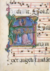 Manuskriptbelysning med jungfruns antagande i en initial A..., 1450-60.