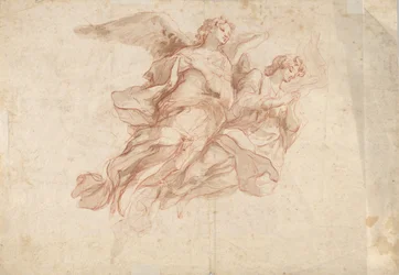 Två änglar som flyger, tergo: Gud Fadern sitter i molnen och en skiss av en flygande figur, c1720