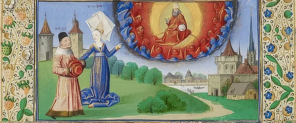 Filosofin lär Boethius om Guds roll. Omkring 1460-70
