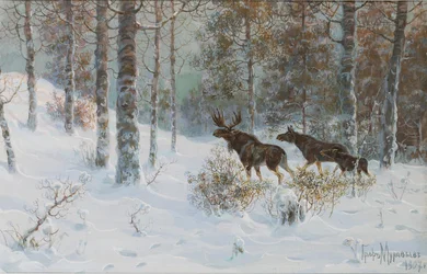 Vinterlandskap med älgar, 1907
