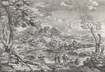 Landskap med en man som visar Merkurius Jupiters örn, ca. 1695-99.