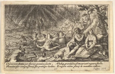 Början av översvämningen: män och kvinnor klättrar till högre mark till höger, vatten passerar..., 1612.