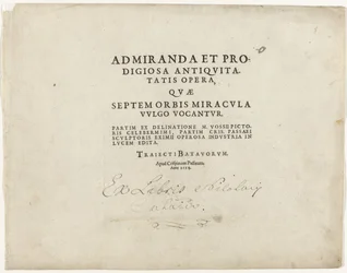 Titelblad av serien med zeven worldwonderen Titelblad met tekst in boekdruk: Forntidens underbara och fantastiska verk, som vanligtvis kallas världens sju underverk, 1614