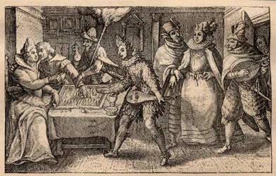 En backgammonfest med promenerande spelare - holländsk kopparplåtgravyr; från en uppsättning tryck, Hortus Voluptatem, av Crispin de Passe (1550-1643) - Ett par som spelar backgammon överraskade av fem män masker gravyr av Crispin de Passe l