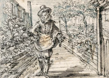 En moderiktigt klädd ungdom promenerar i en rosenträdgård i staden (penna & brunt bläck med brunt & grått tvätt på papper)