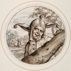 Dåre med mössa och klockor, tidigt 1600-tal (penna & brunt bläck med bruna, gråa & rosa tvättar)