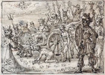 Den indiska Bacchus triumferande intåg i Thebe (penna & brunt bläck med brun tvätt på papper)