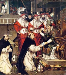 Honorius III (Cencio Savelli, påve från 1216 till 1227) som bekräftar Saint Dominic Order. Målning av Cristobal Llorens (cirka 1550-1616)