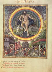 C129 Saturnus med vattumannens och stenbockens stjärntecken, ur "De Sphaera", ca 1470 (pergament)