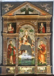 Krönt madonna med barn och änglar, Sankt Paulus, Sankt Petrus