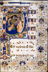 1400-talskör med en miniatyrerad "P"-lettering som representerar Kristoforo Corteses födelse. Början av 1400-talet.