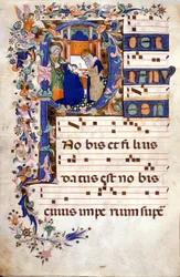Kristi omskärelse i en bokstav P. Partition (Choral) från 1400-talet av Cristoforo Cortese (första hälften av 1400-talet). Biblioteca Brera, Milano