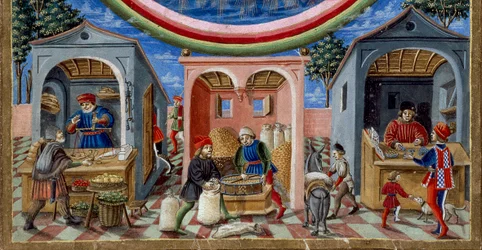 Detalj av köpmän som säljer olika föremål: till vänster en handlare med frukt och grönsaker, i mitten en mjölnare som gjuter säd (miniatyr, cirka 1470)