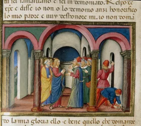 Jesus interpeades nära Salomos tempel av judar som bad honom att bevisa sin miniatyridentitet Cristoforo De Predis (1440-1486) efter Nya testamentets historia