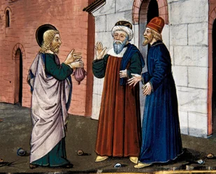 Judas går till prästen och bekänner sitt svek mot Kristus, från Leggendario Sforza-Savoia