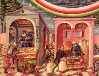 Ms Lat 209 fol.6v Jupiter, detalj av frukt- och spannmålshandlare, från De Sphaera, c.1470 velängdetalj av 308309