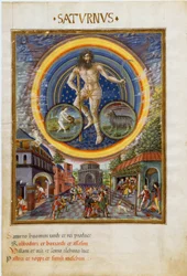 Saturnus med zodiakens tecken Vattumannen och Stenbocken. Spelscenerna och deras inflytande på människorna. (miniatyr, cirka 1470)