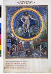 Saturnus med stjärntecken på vattumannen och Stenbocken. På nedervåningen, spelscenerna och dess inflytande på män. Miniatyr gjord av Cristoforo de Predis (v. 1440-v. 1486) - i “” De Sphaera””” d