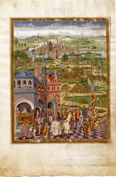 Scen med tortyr och domar i en medeltida stad. Saturnus inflytanden (miniatyr, ca 1470)