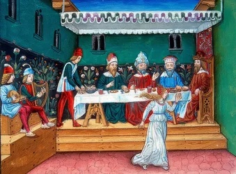 Under Herodes bankett överlämnar Salome Johannes huvud till Salome (c. 144r). 1476