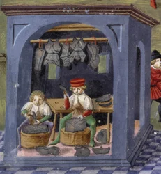 en vapensmed i "" Influence of the moon "": hantverkarna. Miniatyr gjord av Cristoforo de Predis (v. 1440-v. 1486) - i “” De Sphaera””” d
