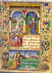 Bebådelsen, Borromeos timbok, med Giovanni III Borromeo och hans hustru Cleofa Pio da Carpi i bön.