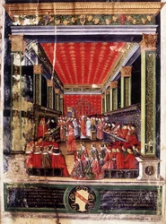 Installationen av Ludovico Maria Sforza, kallad il Moro (1452-1508) - illumination ur kardinal Arcimboldis missale, utförd av den berömde miniatyrmålaren Cristoforo de Predis. Biblioteca Capitolare, Milano.
