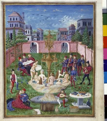 Merkurius inflytande: kärlekens trädgård och ungdomens källa. Miniatyr gjord av Cristoforo de Predis (v. 1440-v. 1486) - i “” De Sphaera””” d