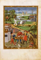 Månens inflytande: scen för fiske, jakt och jordbruk (miniatyr, ca 1470)