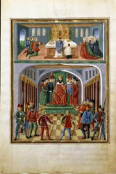 Solens inflytande: timliga makter (kung före sina hovmän) och andliga krafter (präst som tjänstgör i en kyrka). (miniatyr, ca 1470)